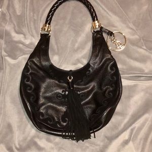 Yves Saint Laurent black leather and suede fringed handbag with gold hardware